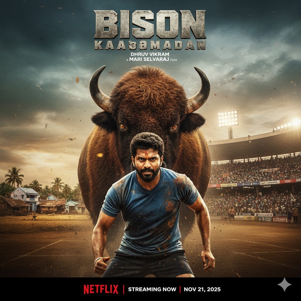 Mari Selvaraj's Bison Kaalamaadan, an amazing sports film mix of Kabaddi and social justice and actor Dhruv Vikram best performance. Read the full review, check the cast, and mark its OTT release date.
